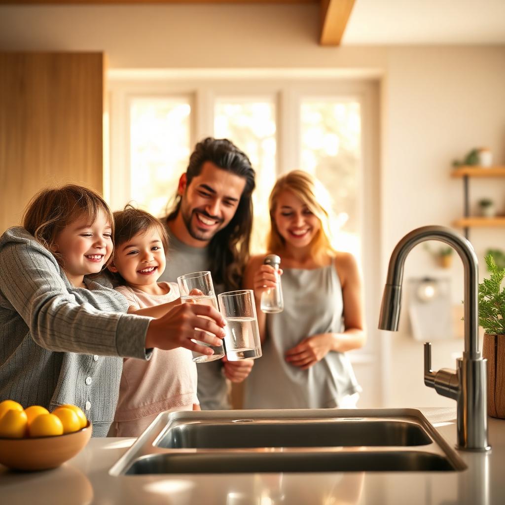 Happy family drinking clean filtered water in a beautiful kitchen